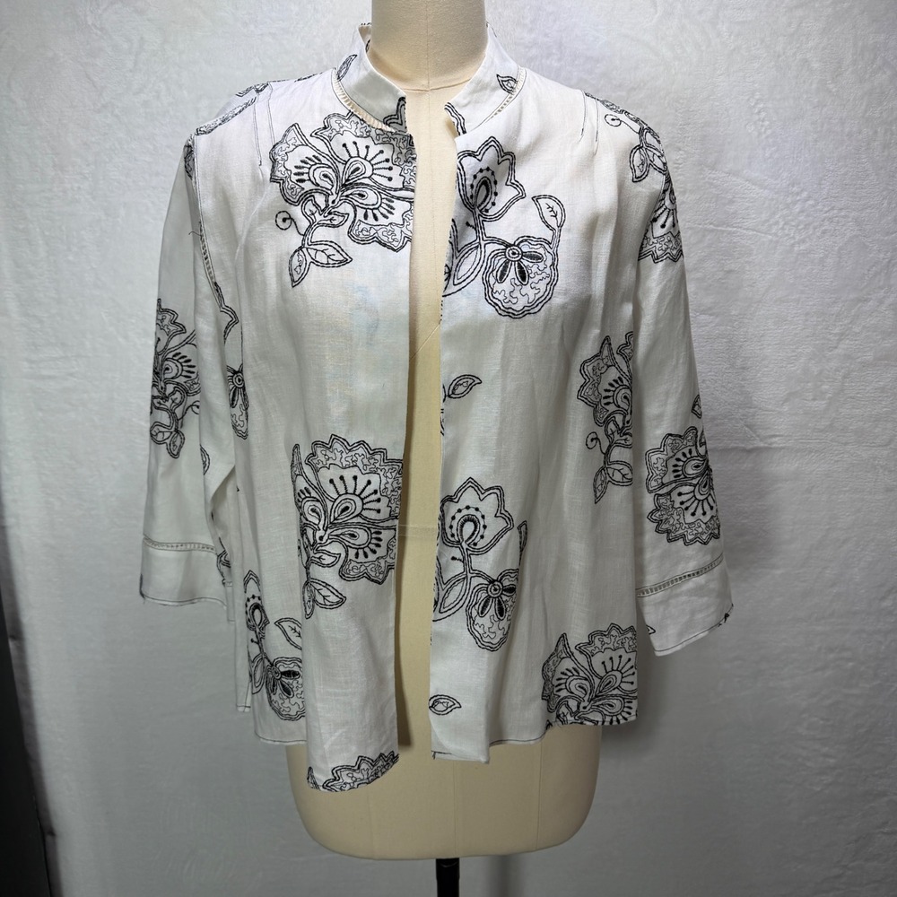 Coldwater Creek Womens M Linen Cardigan White Black Floral‎ Embroidered Jacket